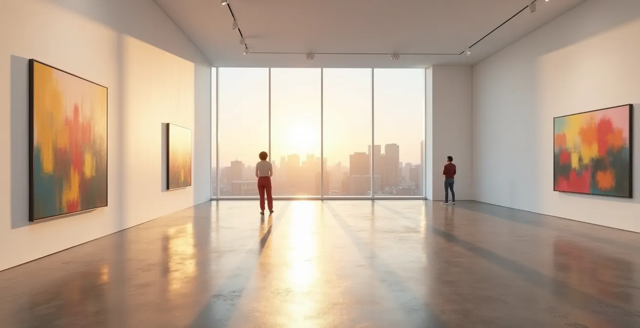 Serene view of AGO's contemporary gallery space with soft evening lighting and minimal visitors
