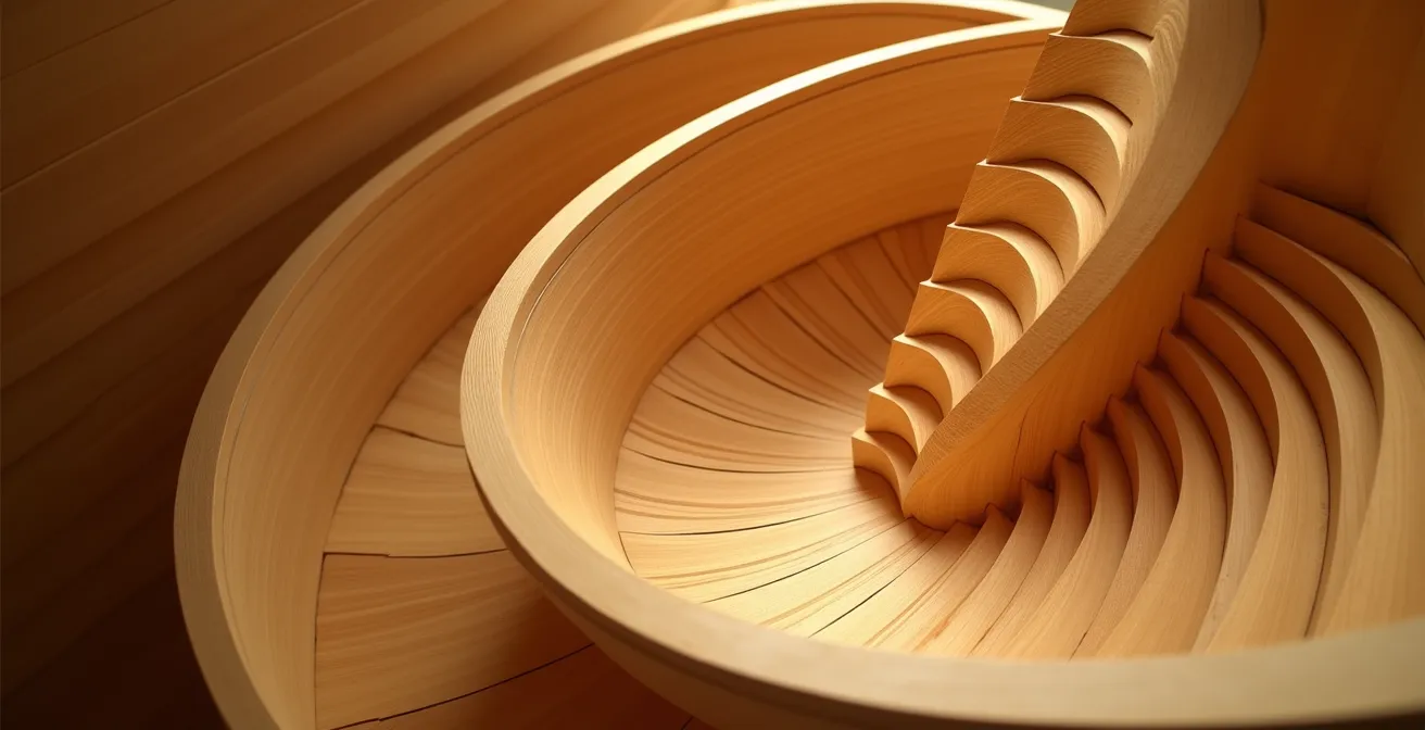 Extreme close-up of AGO staircase's Douglas fir wood grain showing Canadian forest connection
