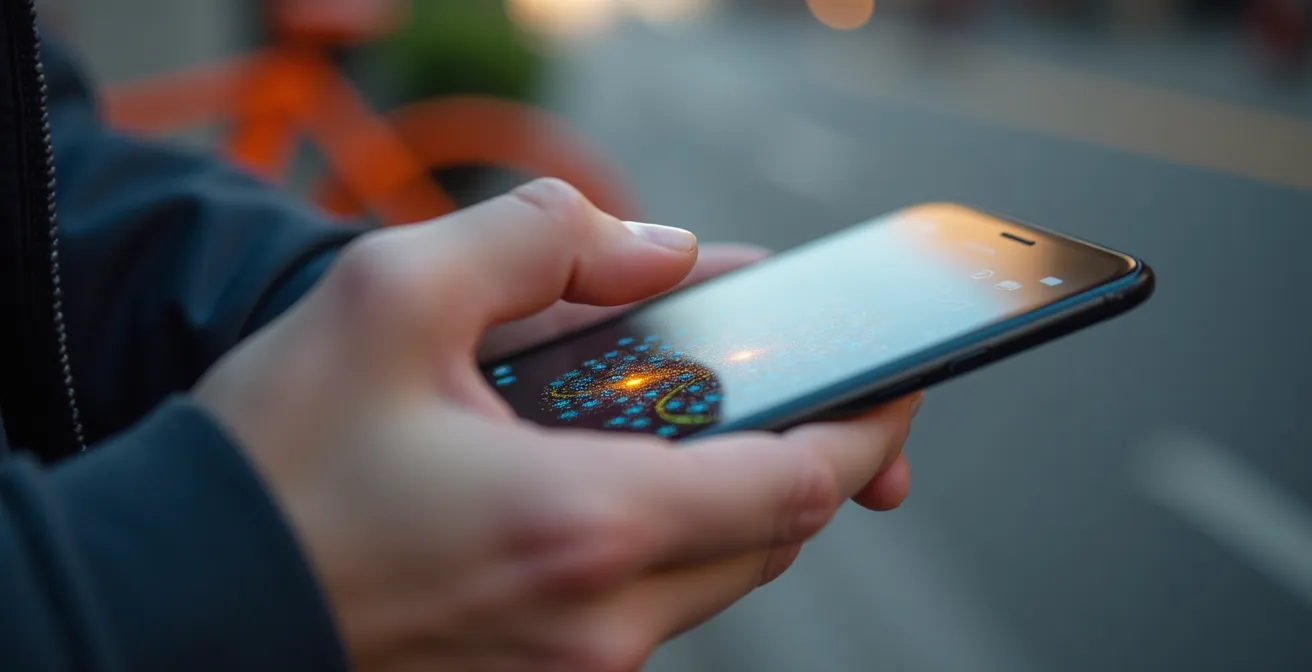 Hands holding a smartphone showing a bike station map with green and red availability indicators