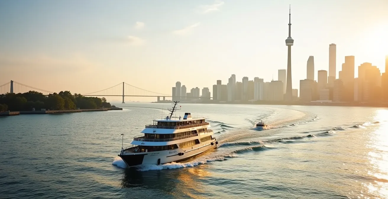 Wide aerial view of Billy Bishop Airport ferry crossing with Toronto skyline in background