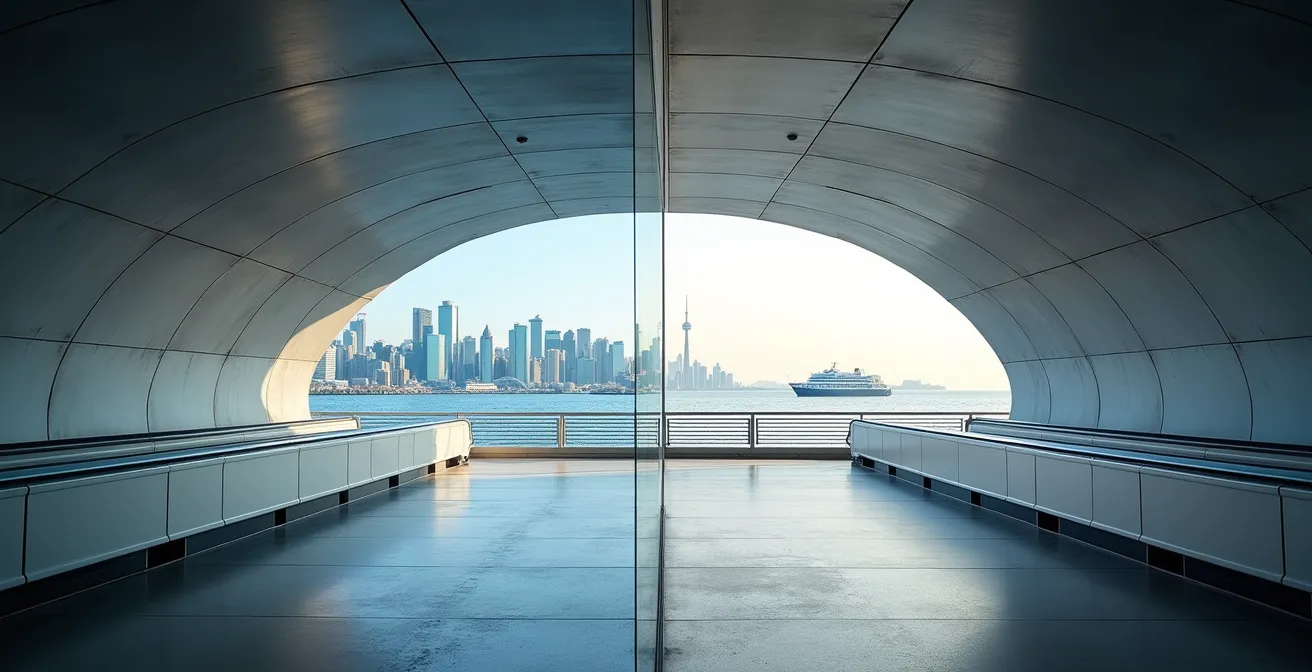 Split view of underground tunnel with moving walkways and ferry with Toronto skyline