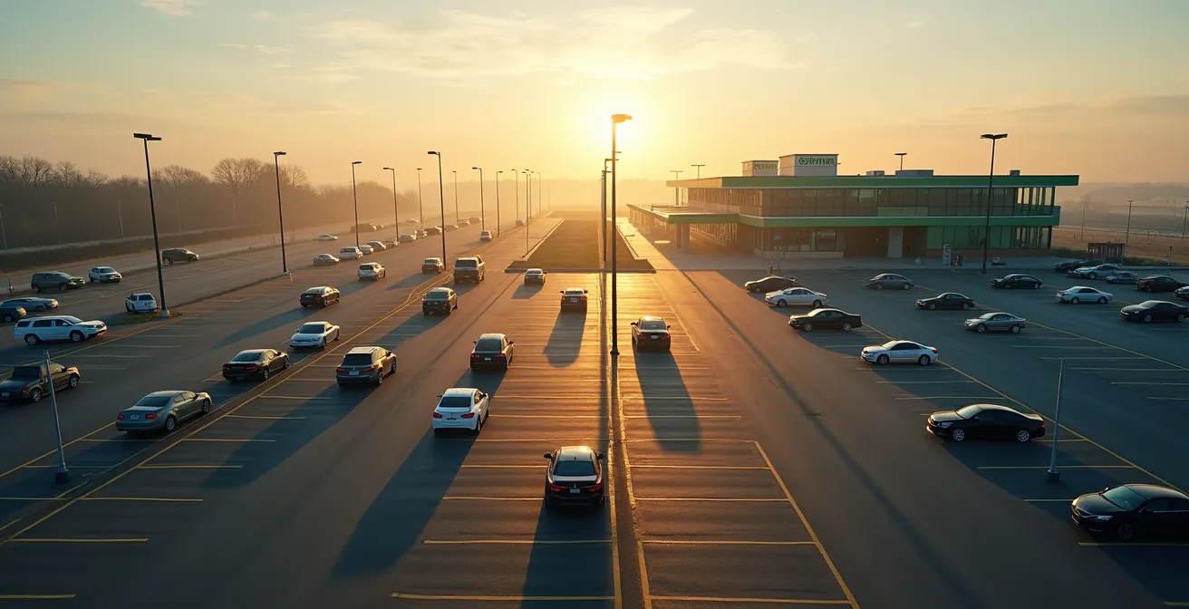 Aerial view of Burlington GO Station parking lot at dawn showing available spaces