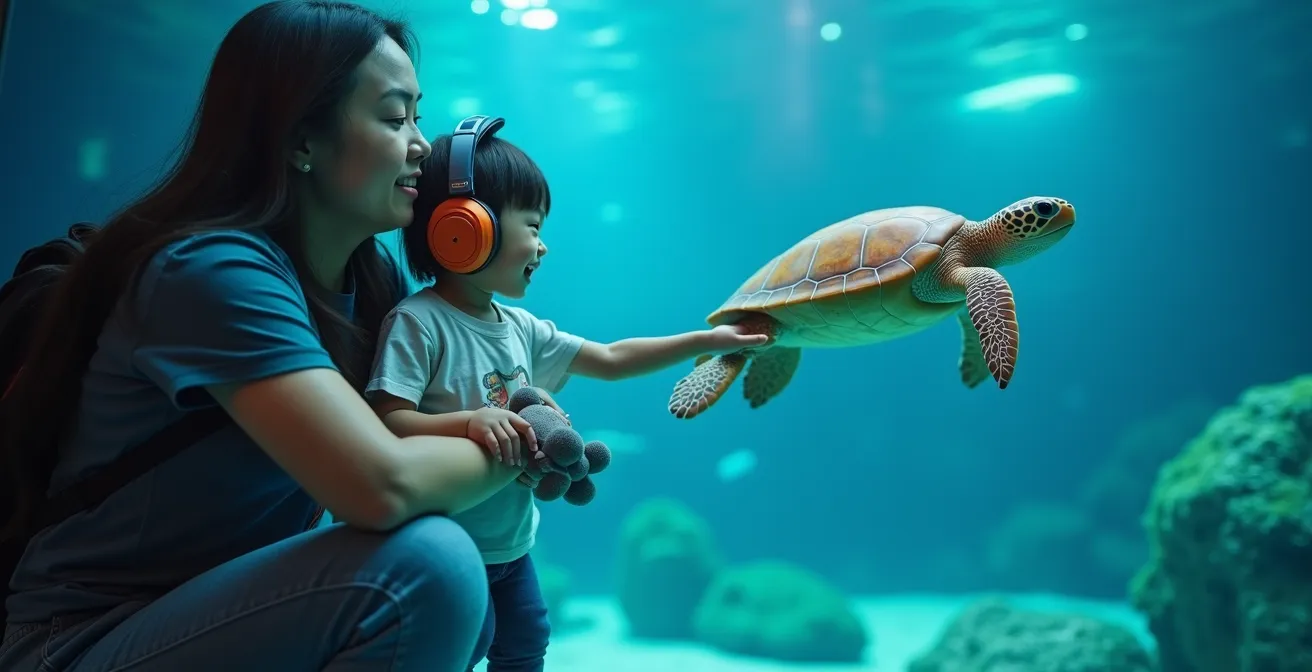 Parent comforting young child on a stationary platform in the aquarium tunnel