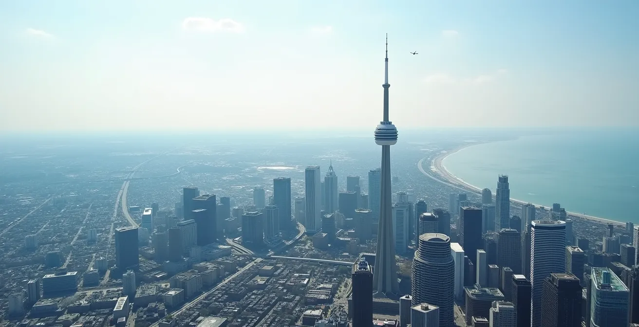 View from CN Tower SkyPod showing the dramatic aerial perspective of Toronto with Lake Ontario's curved horizon