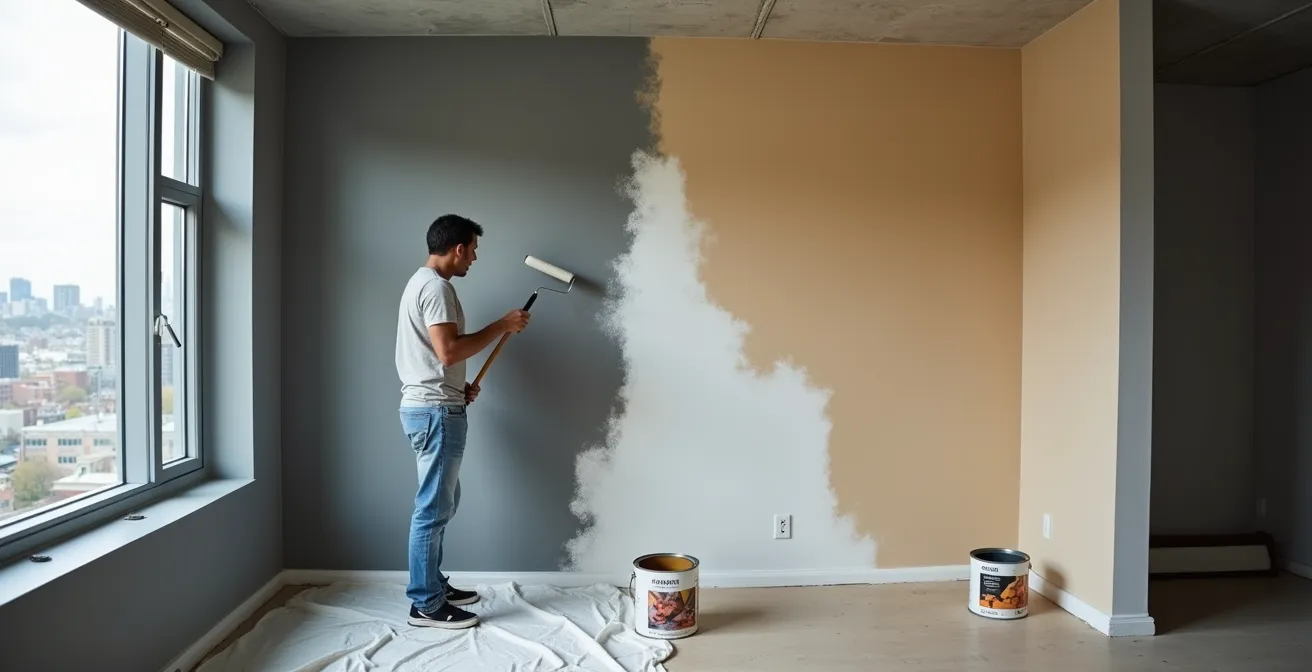 A split view of a Toronto condo wall being transformed from a dark gray to a warm, bright off-white paint color.