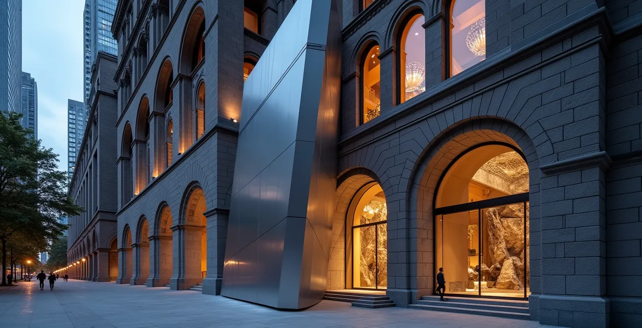 Architectural juxtaposition showing the stark contrast between Libeskind's angular Crystal and the original 1914 Romanesque building facade