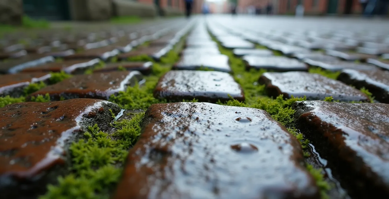 Extreme close-up of historic Toronto Distillery District cobblestones showing weathered texture and patterns