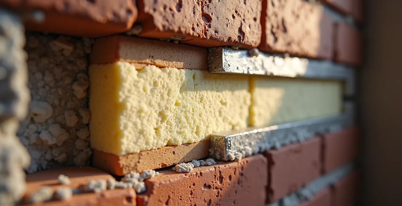 Cross-section view of double-brick Victorian wall showing proper insulation installation