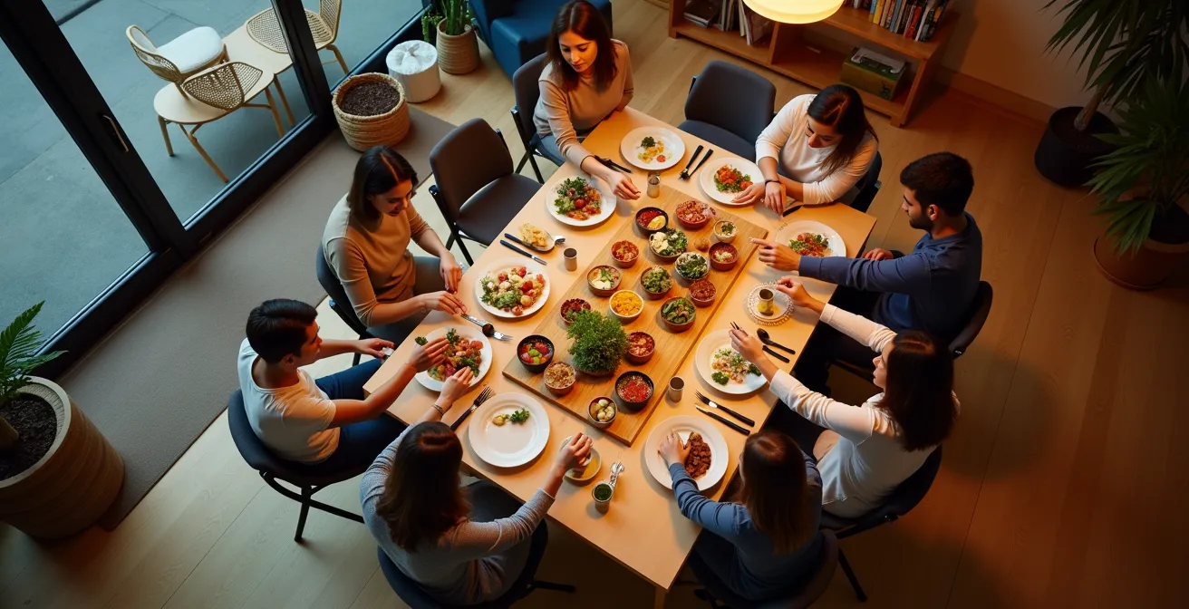 Aerial view of modern expandable table configured for 8 people in compact Toronto condo