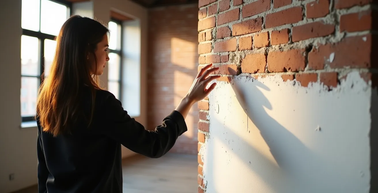 Human perspective of Toronto loft interior showing exposed brick wall meeting white painted drywall