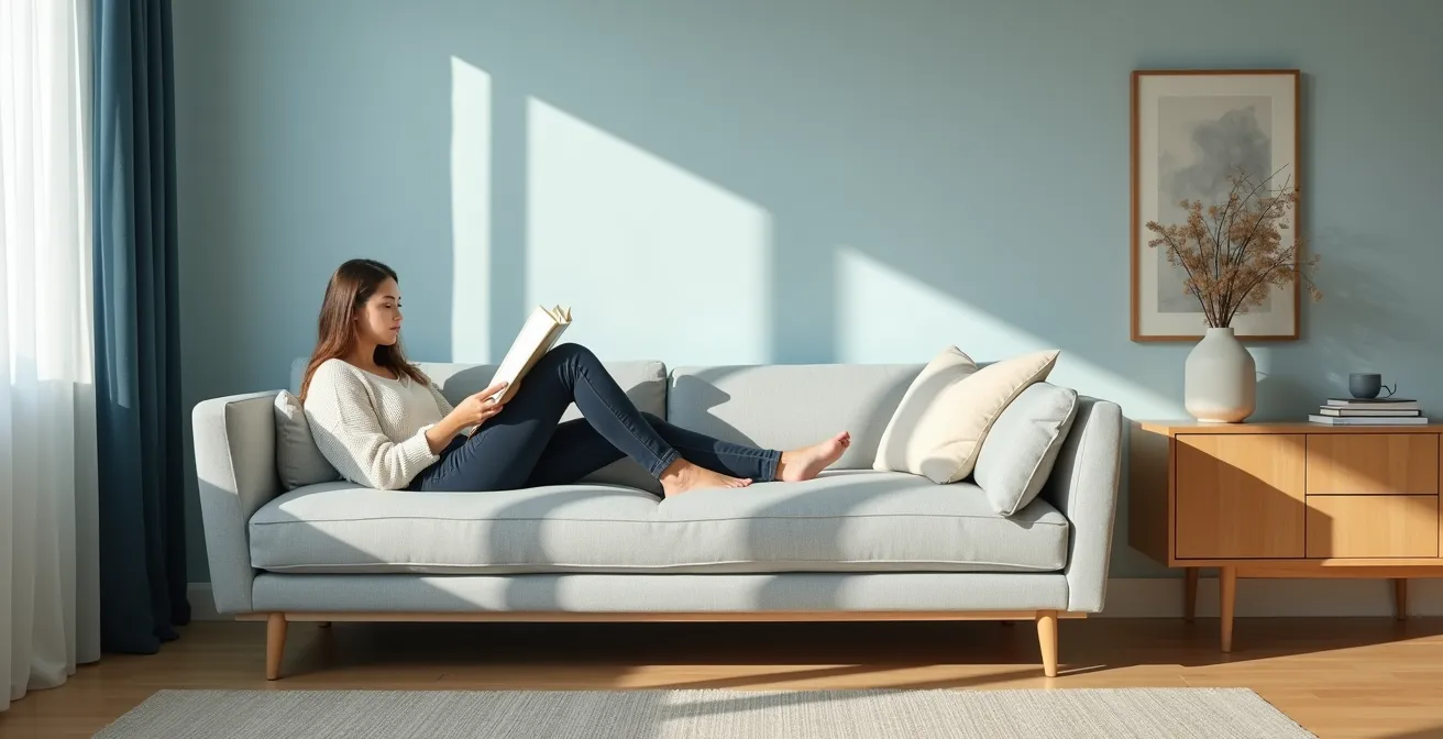 Modern condo living room with floating furniture and Canadian maple accents