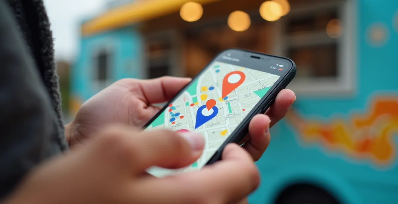 Person checking food truck location on smartphone with colorful truck in background