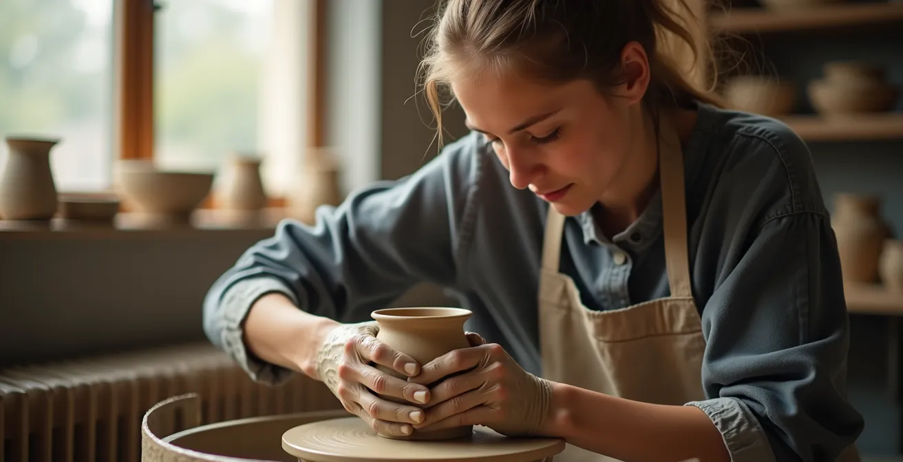 Hands working on a pottery wheel at the Gardiner Museum ceramics studio with focused concentration