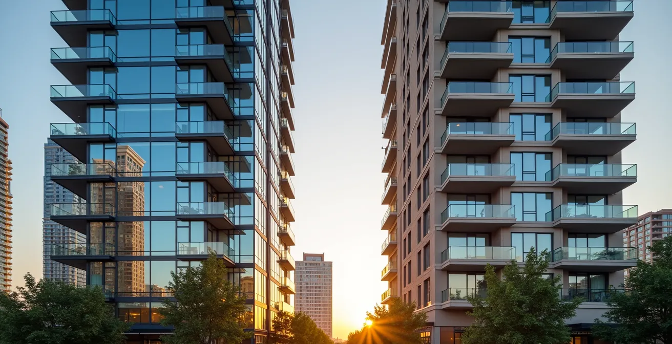 Comparison of glass curtain wall and masonry building facades in Toronto