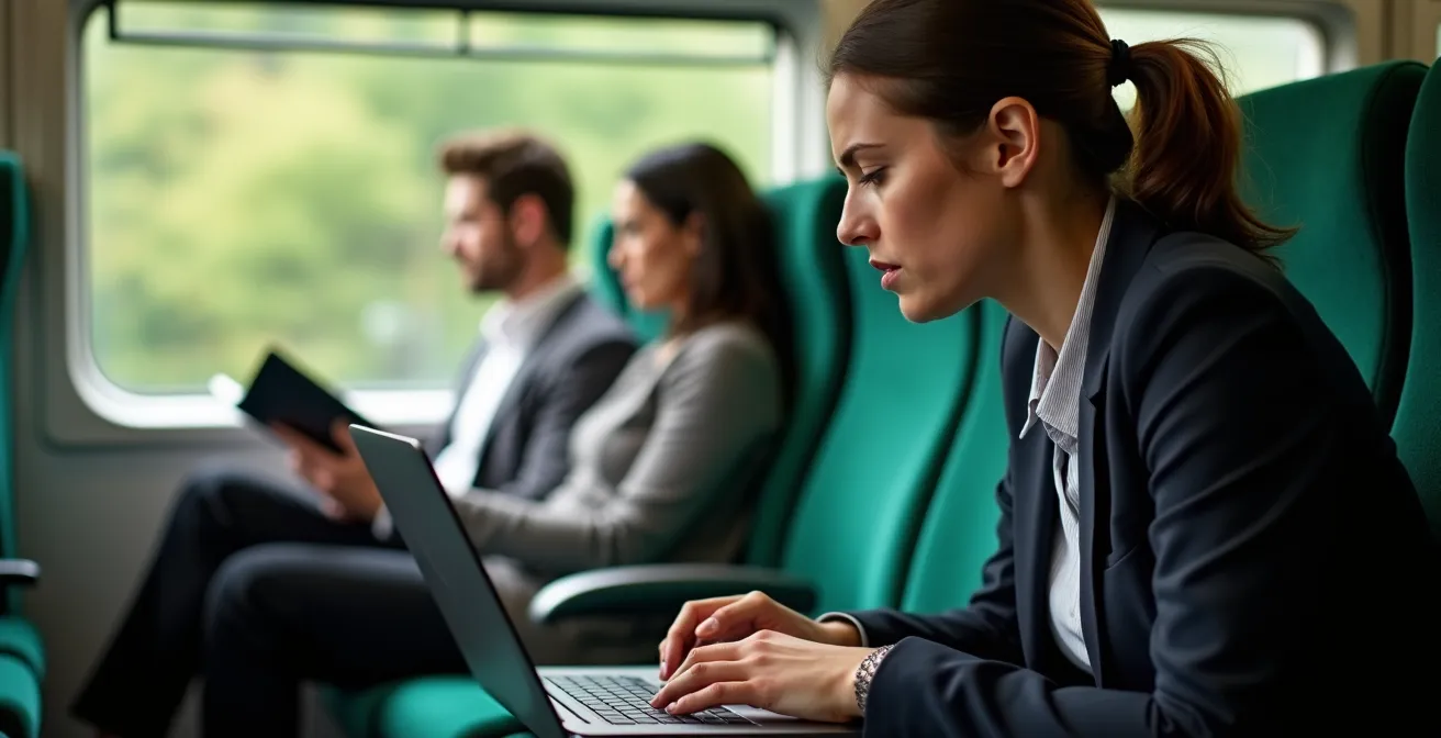 Business professional working quietly in GO Train upper level quiet zone