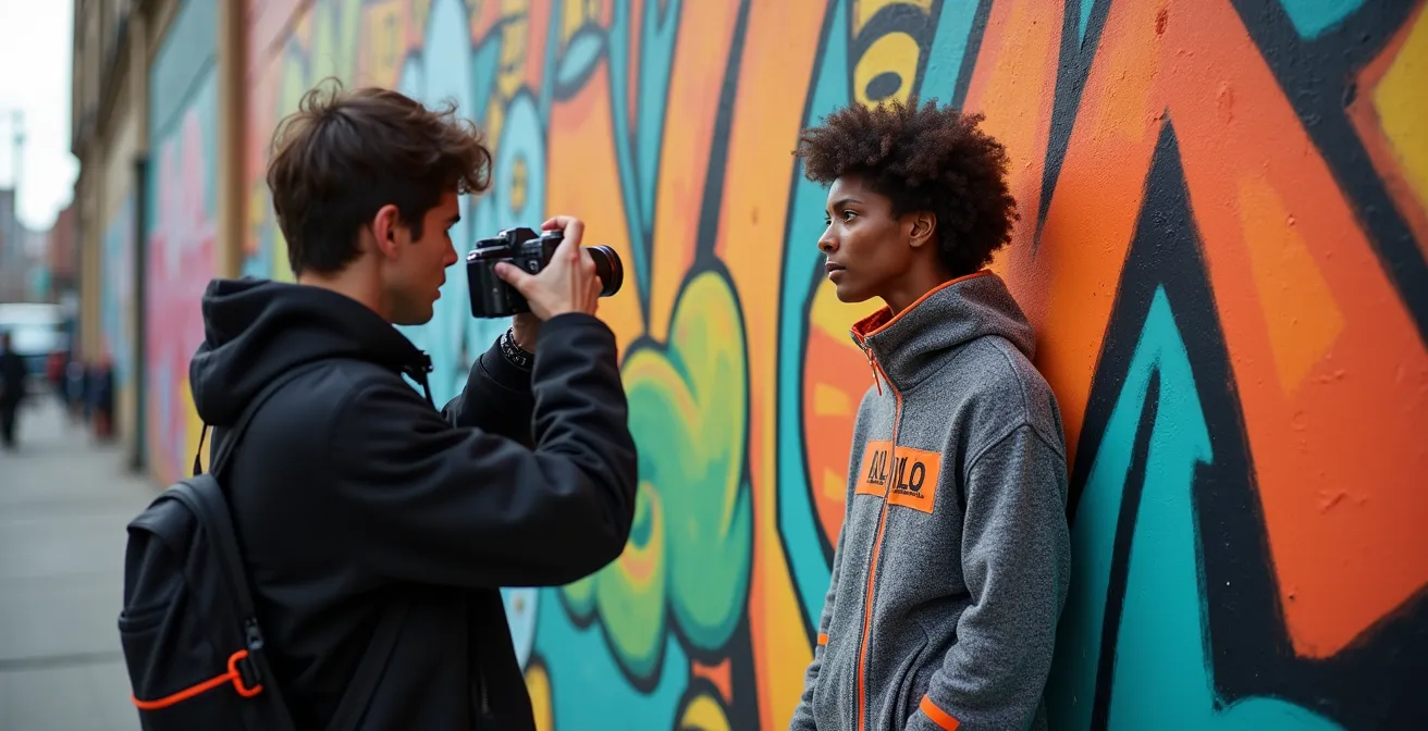 Fashion photography setup in Toronto's Graffiti Alley with colorful murals and styled models