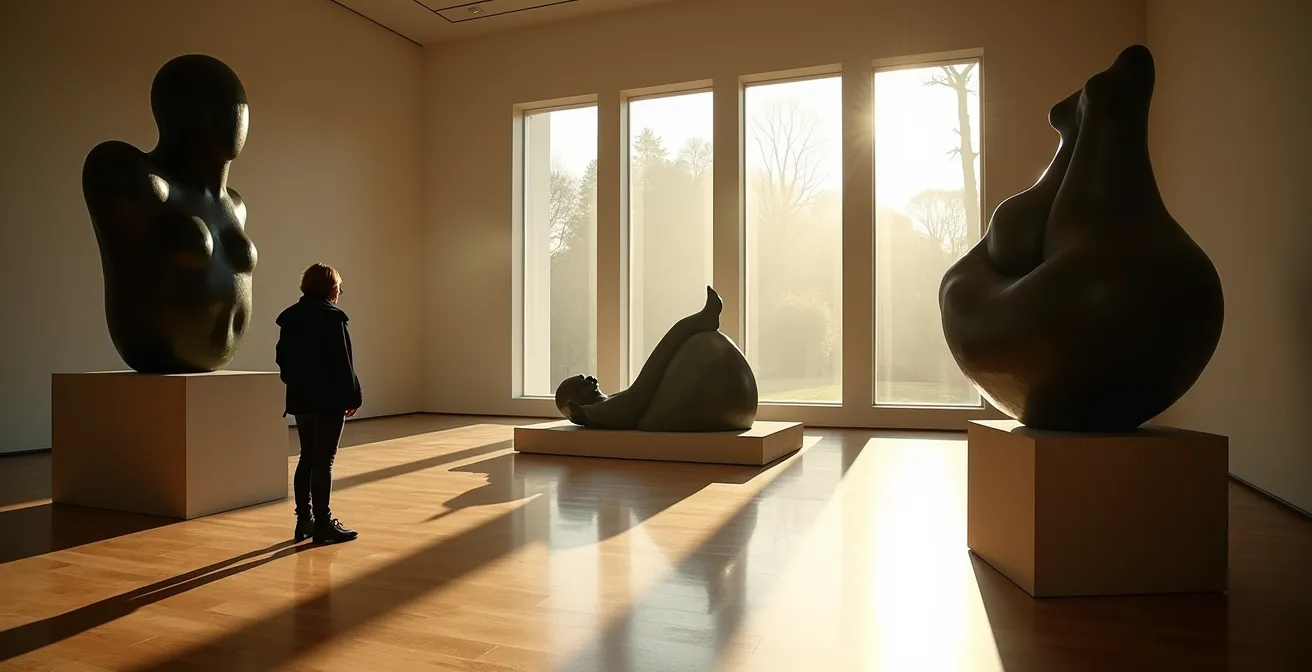 Dramatic morning light illuminating bronze Henry Moore sculptures in a spacious gallery