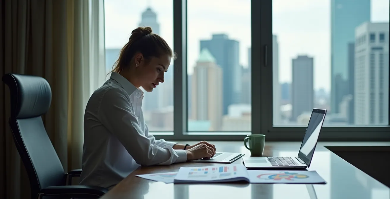 Business traveler reviewing documents at hotel room desk with Toronto skyline in background
