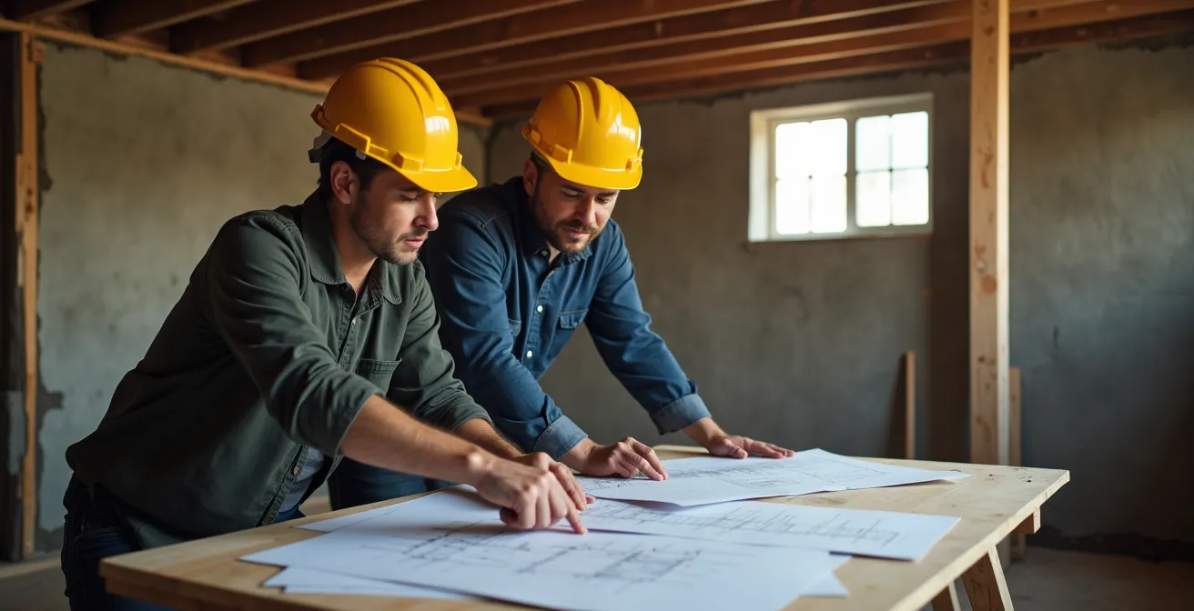 Homeowner and contractor reviewing underpinning plans in Toronto basement renovation site