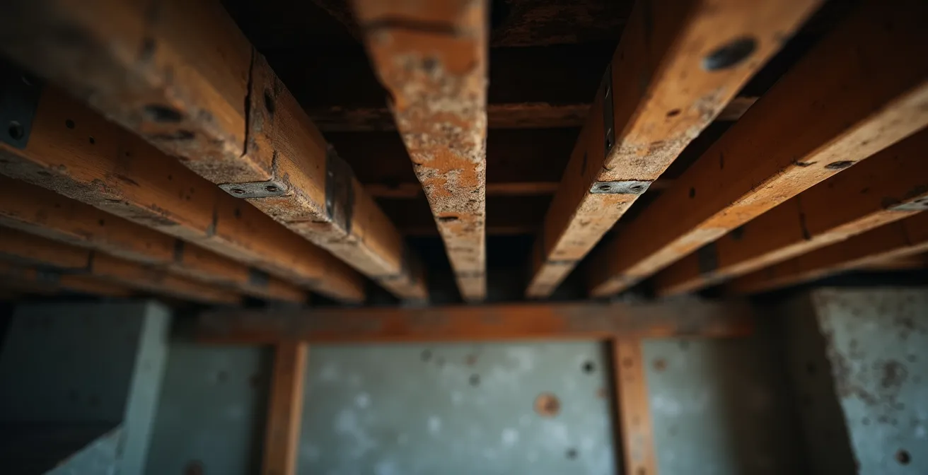 Close-up view of basement ceiling joists and support beams in a Toronto home, illustrating a load path.
