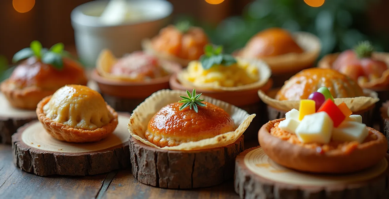 Close-up of diverse food samples arranged on rustic wooden boards in outdoor market setting