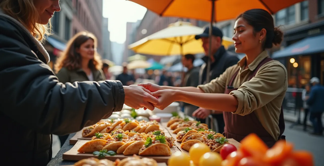 Bustling outdoor food market with diverse vendors and colorful produce displays