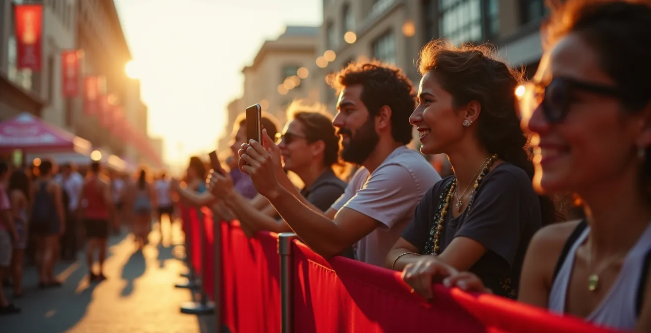 Festival-goers capturing photos at King Street West during golden hour with red carpet barriers and excited crowds