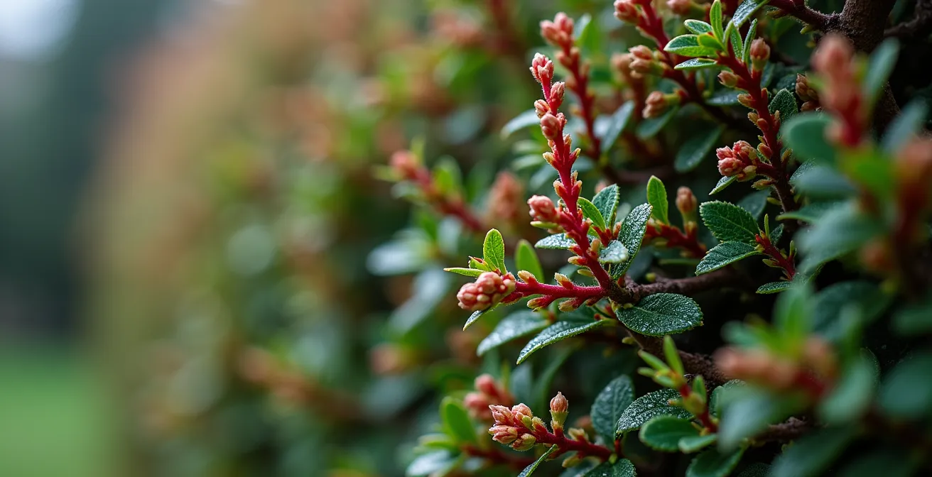Layered native shrub hedge showing Serviceberry flowers, Red Osier Dogwood red stems, and evergreen Canada Yew creating a natural privacy screen