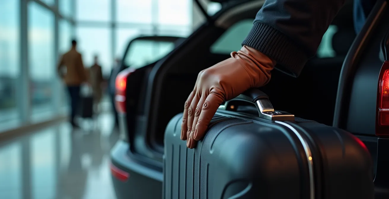 Close-up of professional driver loading luggage into luxury SUV at airport terminal