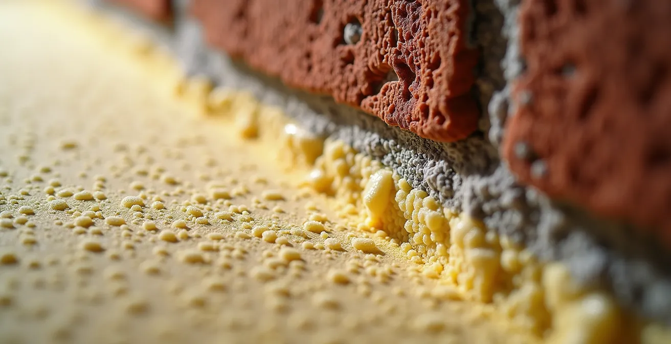 Extreme close-up of closed-cell spray foam insulation texture on exposed brick foundation