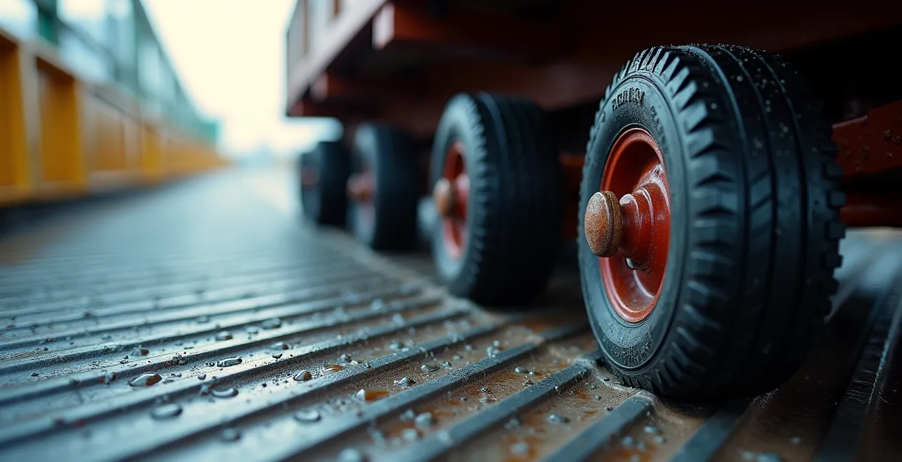 Extreme close-up of wagon wheels gripping the textured surface of a steep ferry ramp