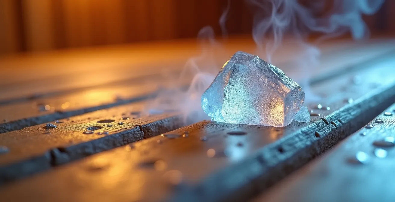 Extreme close-up of ice crystals forming on wooden sauna bench with steam droplets