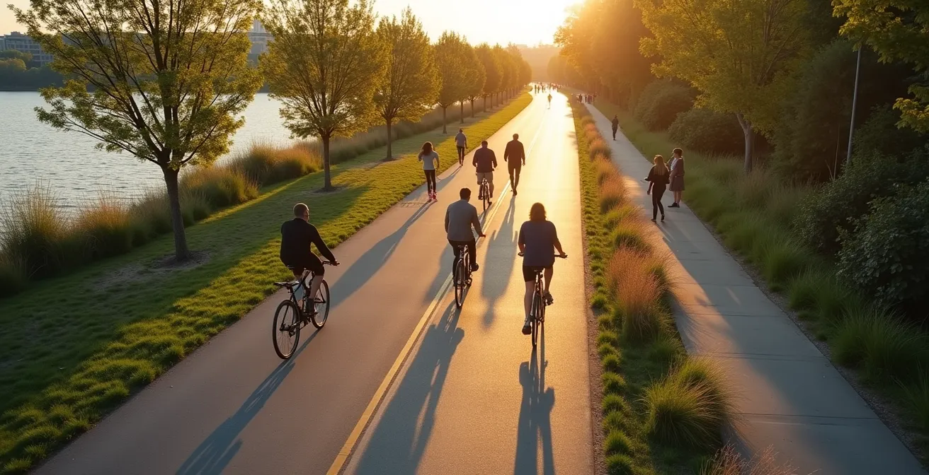 Overhead view of trail showing proper pedestrian positioning and cyclist passing lanes