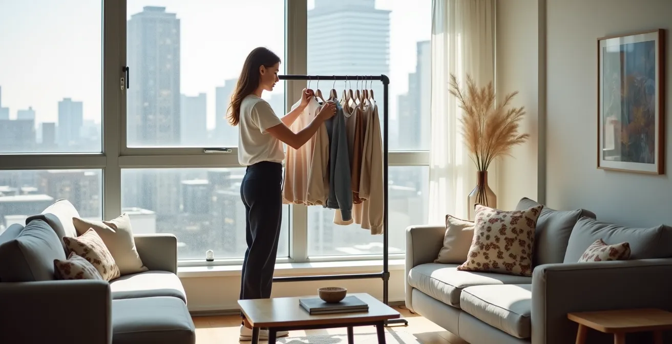 Stylish 600 square foot Toronto condo with clothing rack as decor and Queen West furniture