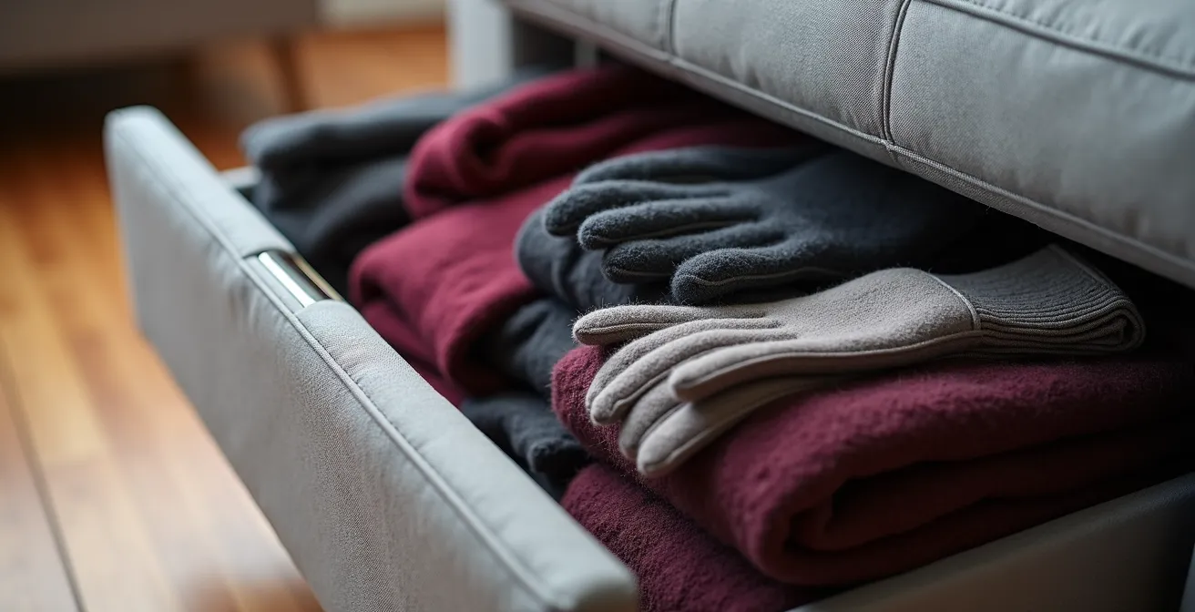 Close-up of modular sofa with open storage compartments revealing organized winter clothing