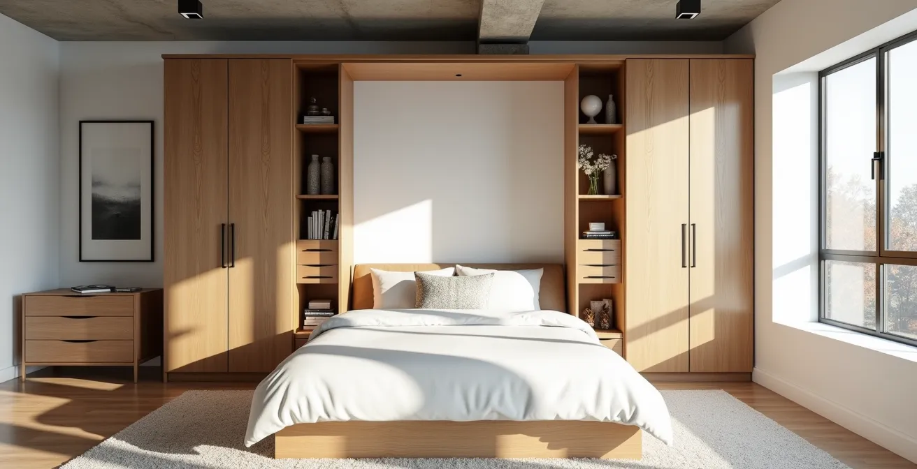 Studio apartment showing a Murphy bed closed as a sleek wall unit and opened as a full bed, transforming the space.