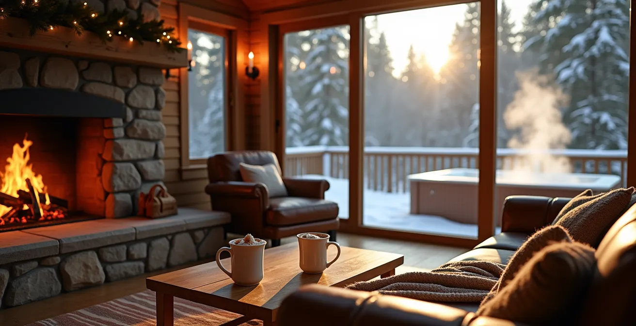 Cozy winterized Ontario cottage interior showing stone fireplace and view of snow-covered deck with steaming hot tub