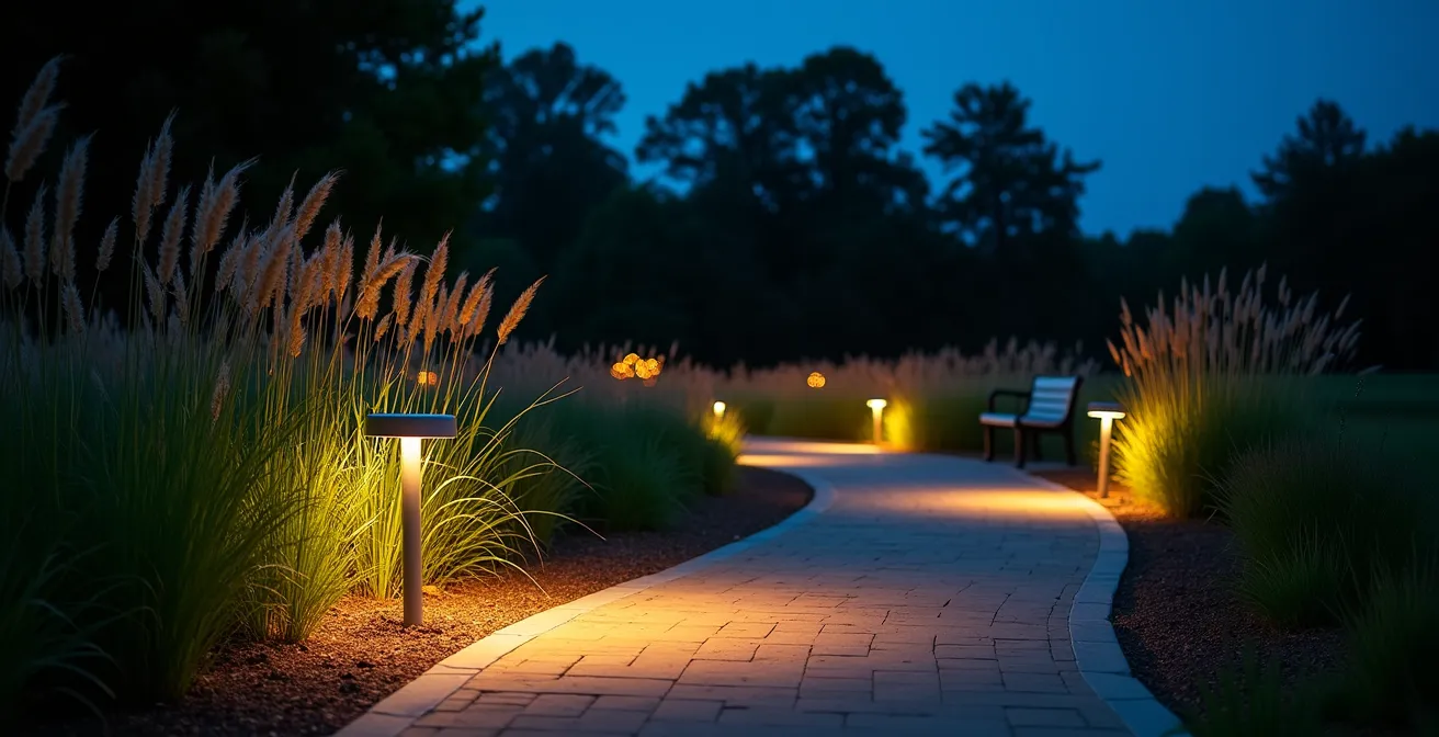Evening garden path with warm pathway lights illuminating native Pennsylvania Sedge groundcover and tall ornamental grasses creating dramatic shadows