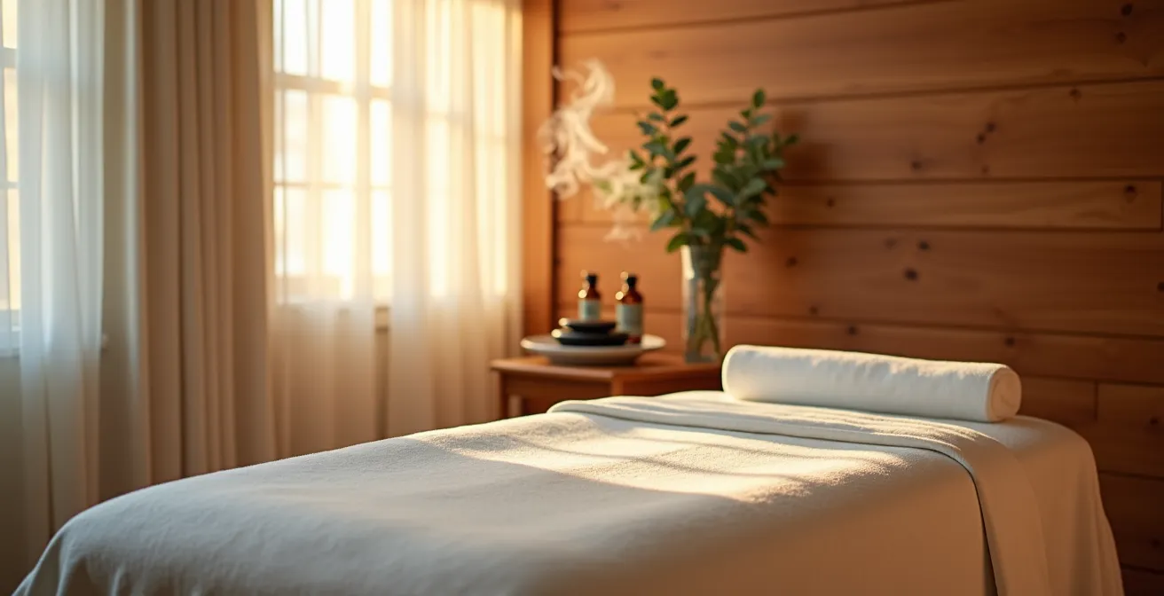 Serene massage therapy room with warm lighting and natural wood elements in Nordic spa setting