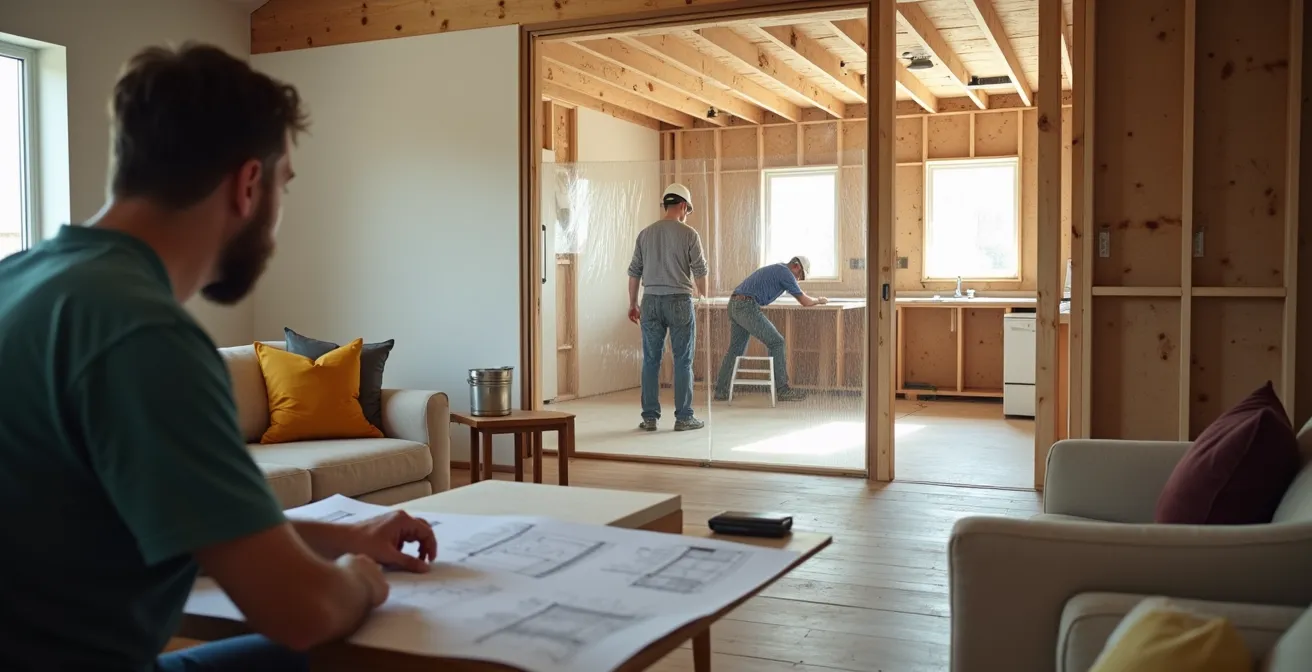 Victorian home interior showing separated living and construction zones during renovation
