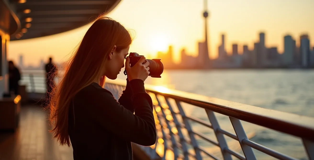 Photographer on boat deck capturing Toronto skyline during golden hour with professional camera