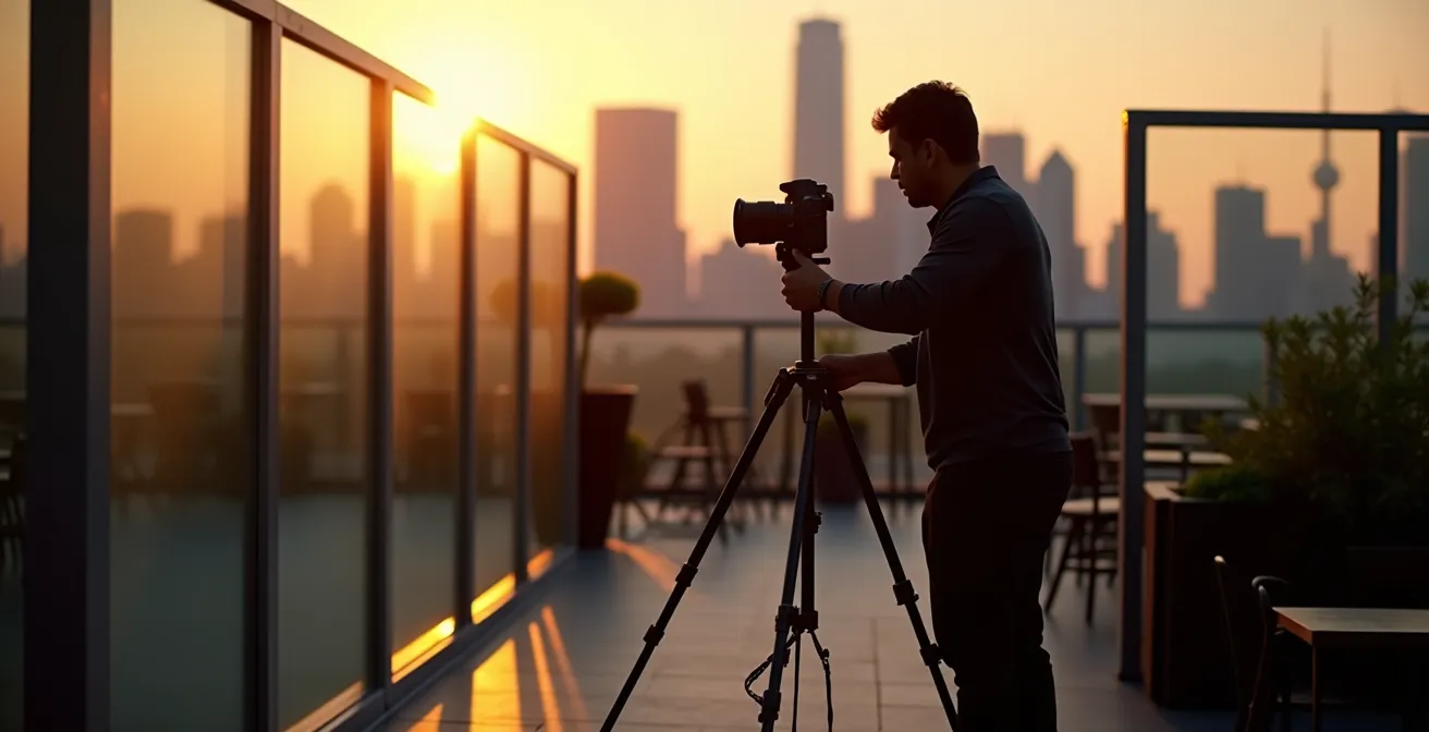 Photographer with tripod on hotel rooftop terrace overlooking Toronto skyline at sunset
