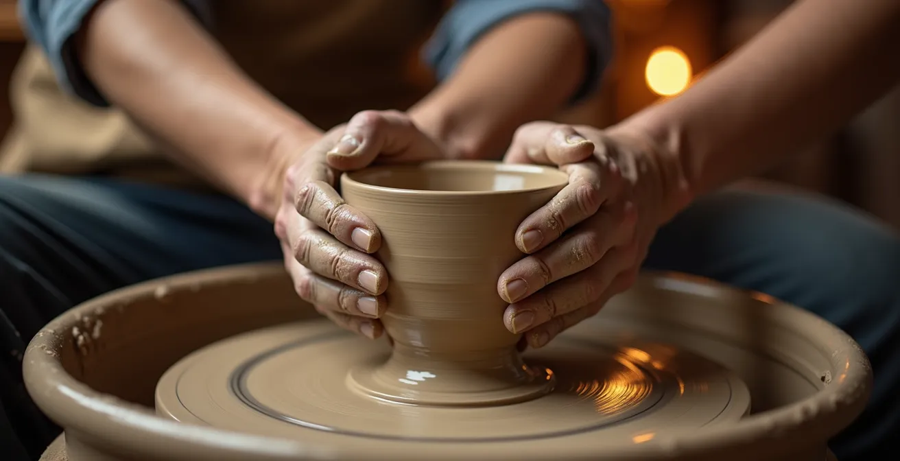 Hands shaping clay on a pottery wheel in warm studio light