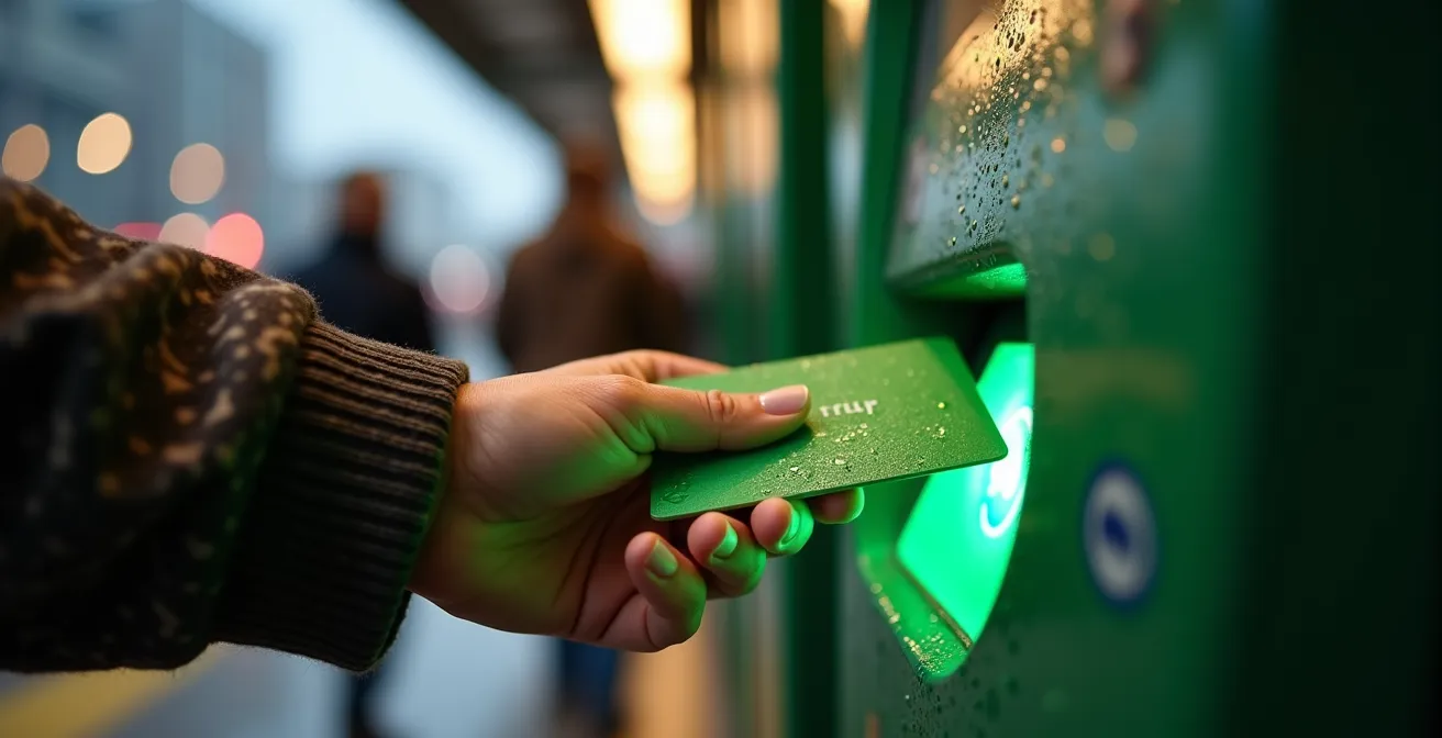 Macro shot of hand tapping PRESTO card on green GO Transit reader machine at station