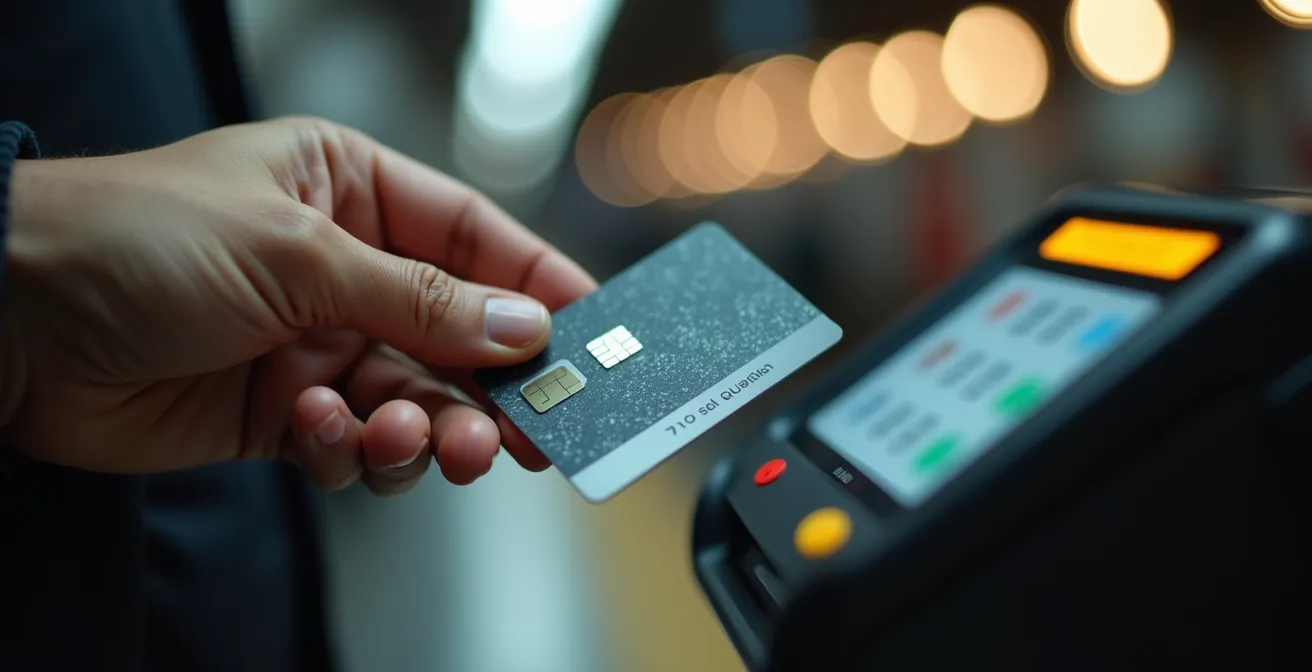 Extreme close-up macro shot of transit card tap payment system with blurred Toronto subway platform
