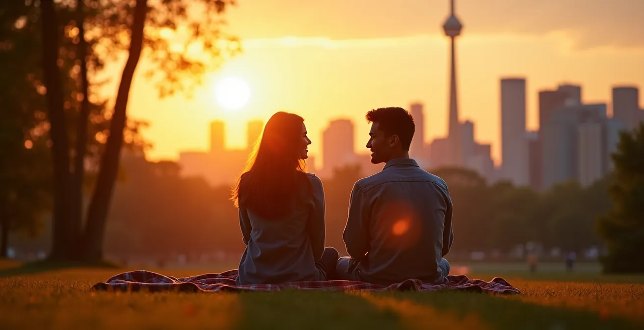 Golden hour view of Toronto skyline from grassy hillside with silhouetted figures
