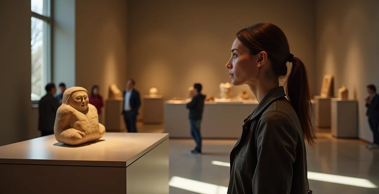 Museum visitor discovering an overlooked masterpiece in a quiet corner of ROM's permanent collection while crowds gather elsewhere