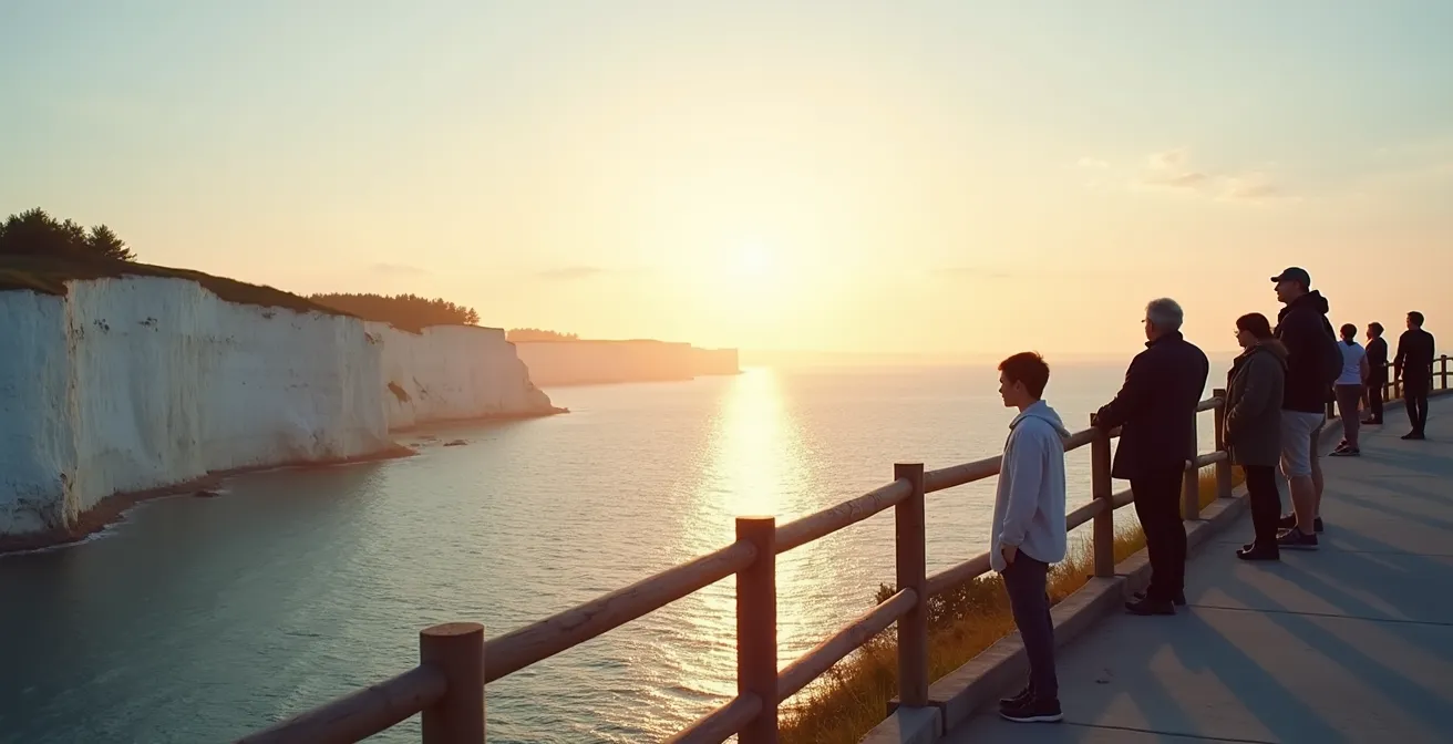 Wide shot of people safely viewing Scarborough Bluffs from official observation deck at golden hour