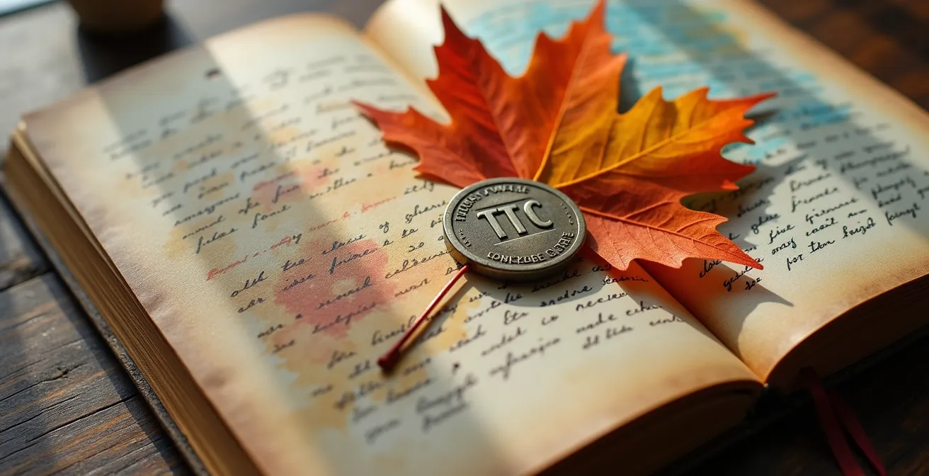 Travel journal with pressed maple leaf, coffee sleeve, and TTC token arranged artistically