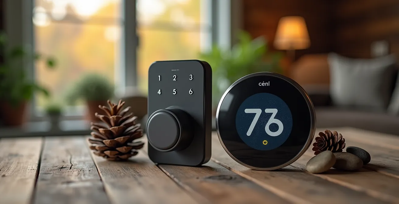 Array of smart home devices for remote cottage management including smart locks, thermostats, and monitoring sensors